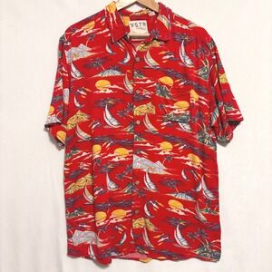 VSTR Premium Camp Shirt Mens XL Red Tropical Sailboat Fish Hawaiian Aloha Cabana